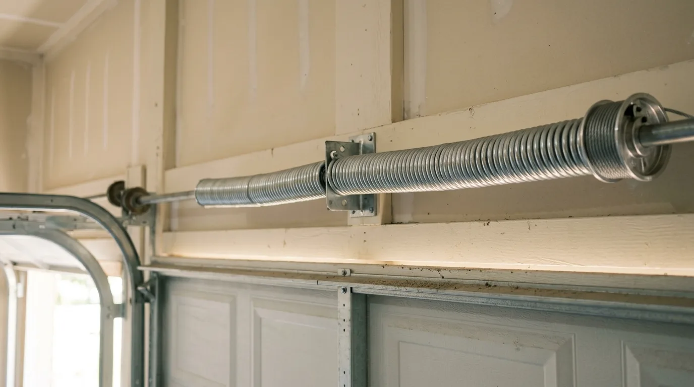 A new pair of galvanized torsion springs on the shaft above a white garage door