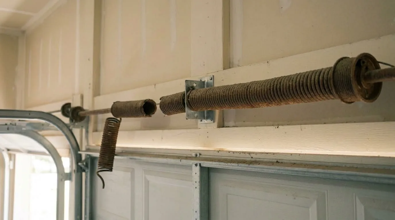 The same garage door header with rusted torsion springs, the left one snapped