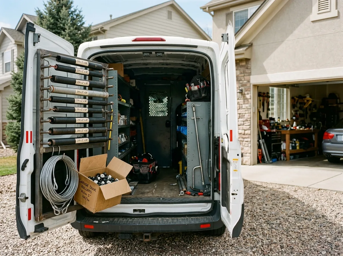 The open rear doors of a white work van in a driveway, springs racked by size inside