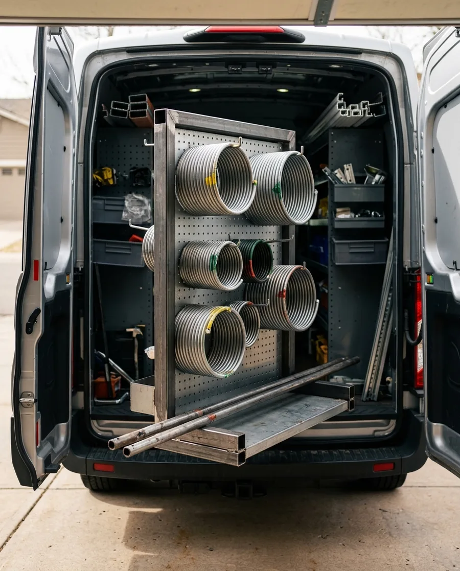 A steel rack of new torsion springs in several sizes hung on pegs inside a work van