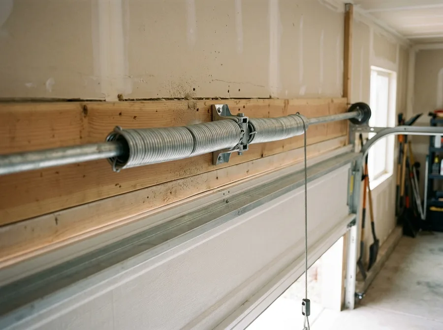 A new galvanized torsion spring pair on the shaft above a white door