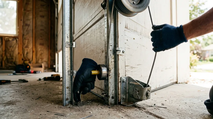 A roller being seated back in the vertical track at a garage door corner
