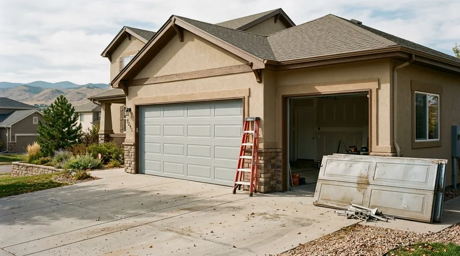 A newly installed insulated steel door on a two-car garage