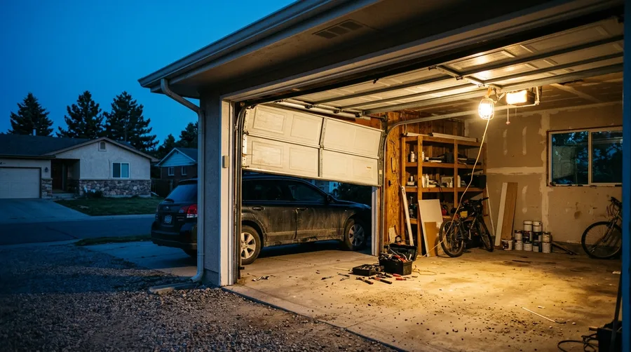 A garage at dusk with the door hanging crooked and half open under a work light