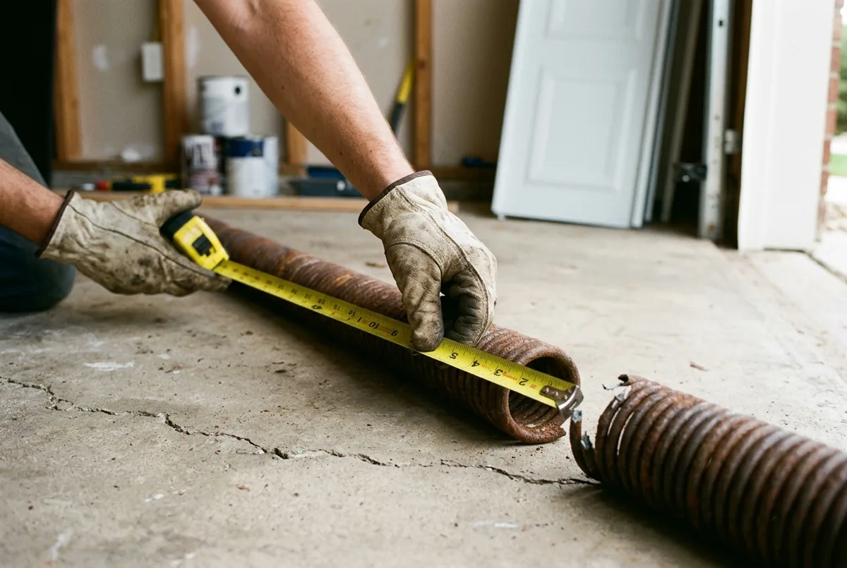 A yellow tape measure held along an old rusted torsion spring on a concrete floor